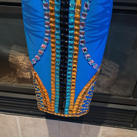 Blue Multicolor Mesh V Neck Embellished Beaded Bandage Bodycon Mini Dress - Picture 7 of 11